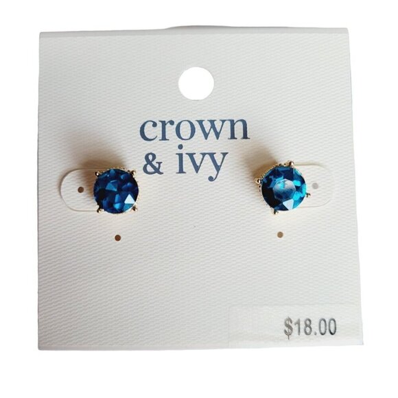 crown & ivy Jewelry - Crown & Ivy Blue Crystal Post Stud Earrings Gold Tone NEW Pierced Sparkle Bling
